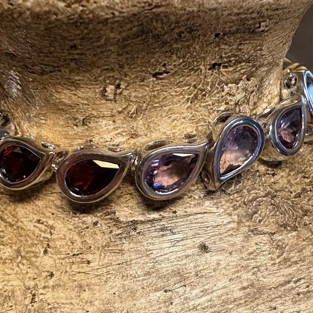 Tennis Bracelet Sterling Silver and Multi Teardrop Gemstones Vintage 7.25 Inch